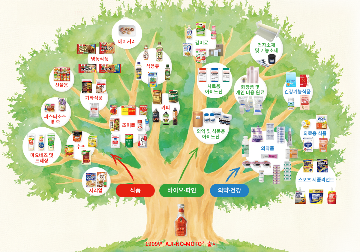 1909년 AJI-NO-MOTO® 출시 식품 : 마요네즈 및 드레싱 ,파스타소스 및 죽 ,선물용 ,냉동식품,베이커리,식용유,기타 식품,수프,시리얼,조미료,커피 바이오?파인 : 감미료,전자소재 및 기능소재,의약 및 식품용 아미노산,화장품 및 개인 미용 원료,사료용 아미노산 의약?건강 : 건강기능식품,의료용 식품,스포츠 서플리먼트,의약품