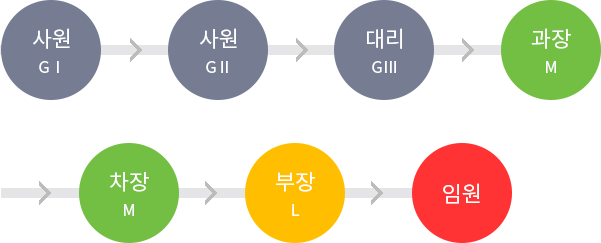 사원GⅠ - 사원GⅡ - 대리GⅢ - 과장M - 차장M - 부장L - 임원