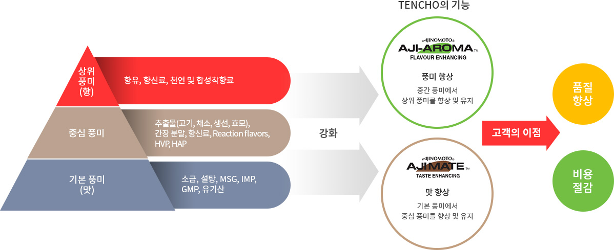 상위풍미(향) - 향유, 향신료, 천연 및 합성착향료, 중심 풍미 - 추출물(고기, 채소, 생선, 효모), 간장 분말, 향신료, Reaction flavors, HVP, HAP, 기본 풍미(맛) - 소금, 설탕, MSG, IMP, GMP, 유기산 강화 TENCHO의 기능 풍미 향상 중간 풍미에서 상위 풍미를 향상 및 유지 맛 향상 기본 풍미에서 중심 풍미를 향상 및 유지 고객의 이점 : 품질 향상, 비용 절감