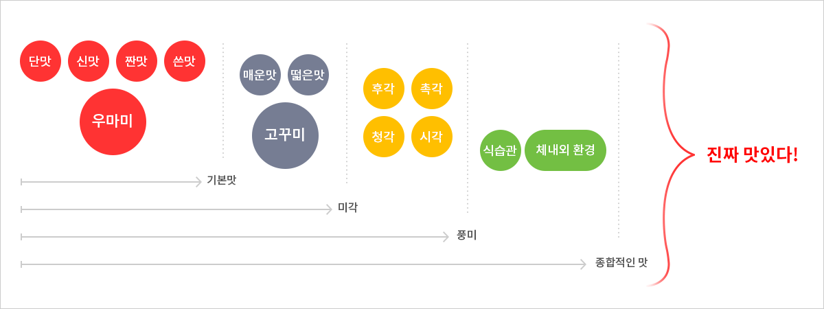 기본맛(우마미):단맛, 신맛, 짠맛, 쓴맛, 미각(고꾸미):매운맛, 떫은맛 풍미:후각,촉각,청각,시각 종합적인 맛:식습관, 체내외 환경 = 진짜 맛있다!